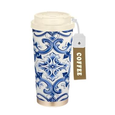 Imagem de Blueangle Caneca de café azul vintage com isolamento térmico - copo de aço inoxidável à prova de vazamento e derramamento para acampamento e ar livre, garrafa de água reutilizável de 500 ml com tampa