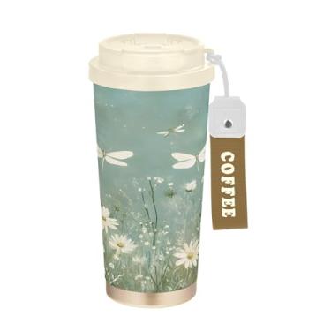 Imagem de SEHANY Caneca de viagem Green Grasses Wildflower 482 g Copos de café reutilizáveis revestidos de cerâmica com tampa à prova de vazamento, parede dupla, isolamento a vácuo, copo de café de aço