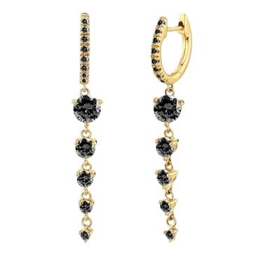 Imagem de Brincos pendentes de ouro para mulheres, brincos pendentes pequenos banhados a ouro 14K com zircônia cúbica preta brincos pendentes de argola