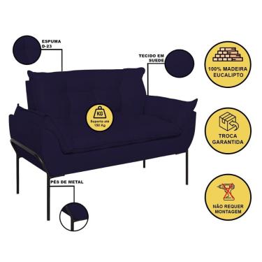 Imagem de Sofá Namoradeira Base Metal Preta Reforçada Tecido Suede Azul Marinho