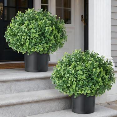 Imagem de FOTEEWL Conjunto de 2 árvores de bola de topiária de buxo artificial para porta da frente - Arbusto realista de Aglaia Odorata com vaso, plantas em vasos de folhas de eucalipto falsas para decoração