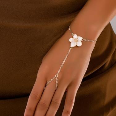 Imagem de Pulseira de ouro com corrente de mão de flor, joia de flor, presente de dia dos namorados, presente de amizade, Medium, Latão, Sem Pedra Preciosa