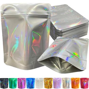 Imagem de YINGZON Pacote com 100 sacos Mylar premium à prova de cheiro, sacos de armazenamento resseláveis com impressão holográfica frente e verso, sacos de embalagem de alumínio de 12,7 x 10 cm. (prata)