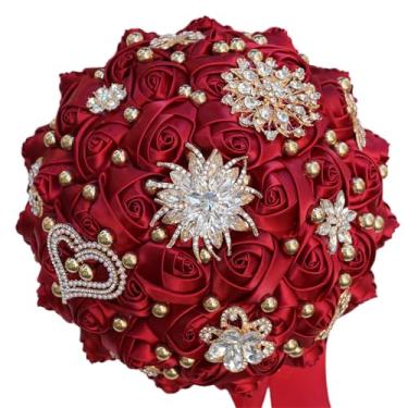 Imagem de TUAGYMKR Buquê de casamento para noiva, dama de honra, casamento, quinze anos, ramo de flores de rosas artificiais com broche brilhante (07G, vinho, médio (diâmetro 8,7"/22 cm))