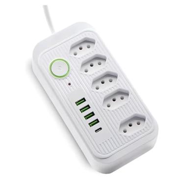 Imagem de Extensão de Energia Multifuncional com 5 Tomadas, 4 USB e 1 USB-C, Cabo de 2m, Bivolt 110-220V, Potência 2500W.