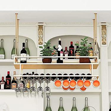 Imagem de APUM Rack de vinho de teto, altura ajustável, rack de armazenamento de ferro suspenso de 2 níveis, suporte de taças, para bares/restaurantes/cozinha prateleira de exibição (120 cm)