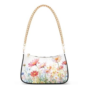 Imagem de CEBUGI Bolsas transversais femininas bolsa de ombro aquarela margaridas bolsa clutch elegante com alça de corrente