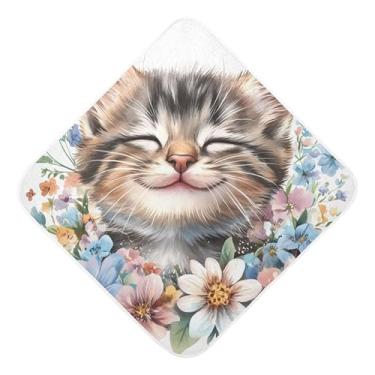 Imagem de Burbuja Toalha de banho de bebê Cat Smile - Toalha com capuz de musselina macia e absorvente para recém-nascidos e bebês, 89 x 89 cm