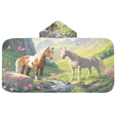 Imagem de Burbuja Two Horses in Valley Toalha de banho com capuz para crianças, toalha de praia de pelúcia macia absorvente para meninas e meninos 3-10 anos, 61 x 127 cm