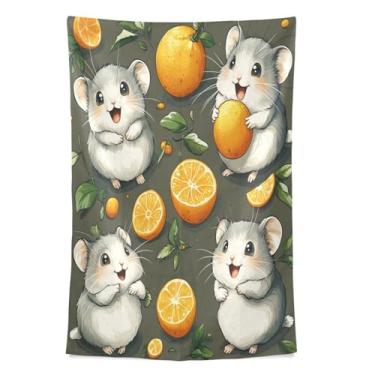 Imagem de STAYTOP Tapeçaria de parede fofa de hamster e laranja para decoração de casa, decoração de dormitório, sala de estar, quarto, tapete de parede (60 × 51 pol.)