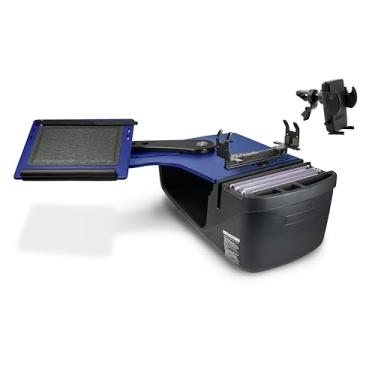 Imagem de AutoExec Alcance o banco traseiro da mesa para a estação de trabalho do seu veículo e escritório móvel, azul, com suporte para impressora e clipe de ventilação do telefone