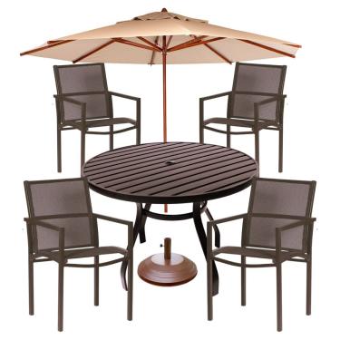 Imagem de Conjunto De Mesa Ripada 1,20m + 4 Cadeiras Para Piscina Jardim Resistente Sol Chuva Maresia Marrom