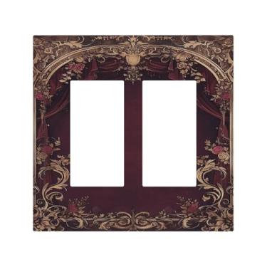 Imagem de Capas decorativas vintage gótico bordô dourado floral 2 gangues interruptor duplo interruptor de luz placa de interruptor elétrico capa placa de parede GFCI para decoração de quarto e sala de estar
