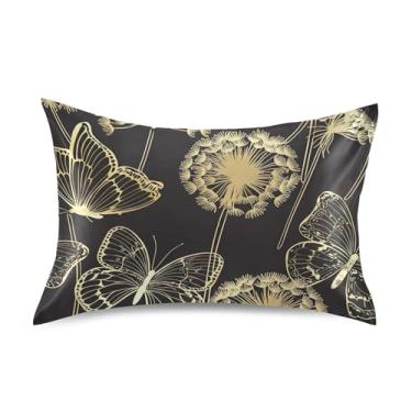 Imagem de Travesseiros padrão King Queen Slips borboletas douradas dente-de-leão arte preta cetim cool fronhas coloridas refrescantes capa de almofada estética king size 101,6 cm x 50,8 cm