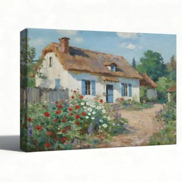 Imagem de Arte de parede em tela, pintura a óleo, paisagem de caminho de jardim de casa de campo, casa de campo impressionista com flores, decoração de parede de casa de fazenda rústica, impressão embrulhada em