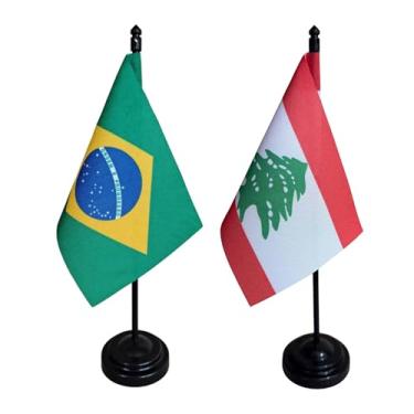 Imagem de Kit Bandeira de Mesa Brasil e Líbano, 26cm Altura, 18x11cm, Multicolorido, Oxford, Base Plástica, Decoração para Escritório e Eventos