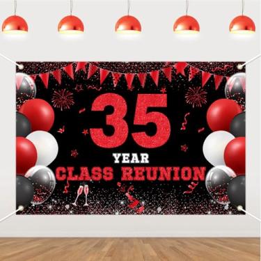 Imagem de JOYMEMO Pano de fundo de reunião de classe de 35 anos de 1,5 x 0,9 m - Decorações de reunião de 35ª turma escolar vermelho e preto, fundo fotográfico para ensino fundamental, universidade, bem-vindo