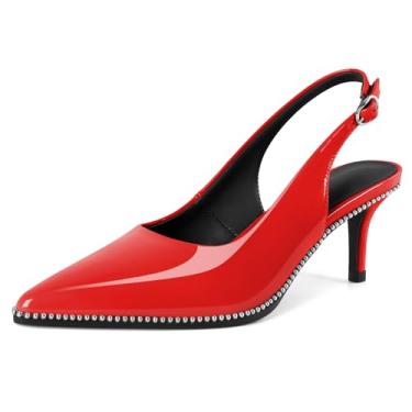 Imagem de Younton Sandálias femininas de salto alto com contas prateadas bico fino fechado salto agulha médio festa de casamento casual sapato social elegante 6 cm, Vermelho envernizado, 39