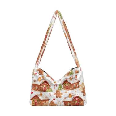 Imagem de Bolsa de ombro feminina com flor de peônia rosa, bolsa de mão com zíper, sacola feminina jovem, Casa de gengibre festiva de Natal - 2, One Size