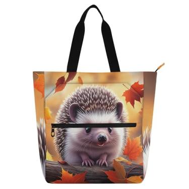 Imagem de GAIGEO Ouriço outono folha de bordo bolsa de trabalho para mulheres lona praia livro bolsa zíper presente de viagem para amantes de livros bolsas