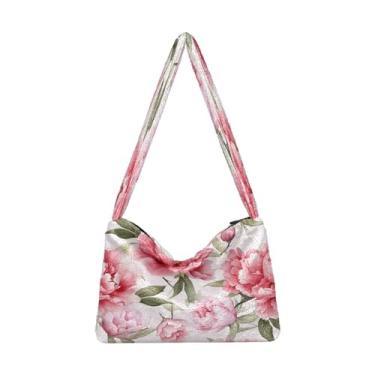 Imagem de Bolsa feminina floral floral de pelúcia branca, bolsa de ombro com zíper para mulheres, bolsas de outono, Flor de peônia rosa - 3, One Size