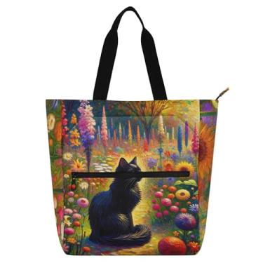 Imagem de Sacola feminina de trabalho com flores de primavera, preta, para mulheres, lona, praia, livros, bolsa com zíper, utilitária, para crianças, presente para amantes de livros