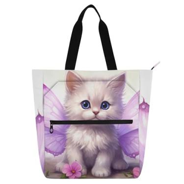 Imagem de GAIGEO Linda bolsa de trabalho com asas de borboleta de gatinho para mulheres, bolsa de lona com zíper, bolsa de praia, utilitária, escritório, amantes de livros