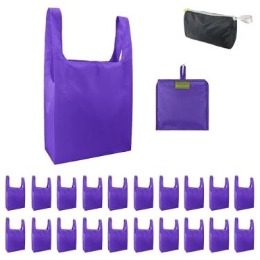 Imagem de BeeGreen Sacos de mercearia roxos reutilizáveis por atacado roxos reutilizáveis sacos de cozinha a granel dobráveis - lavável na máquina com zíper bolsa de armazenamento 20 pacotes