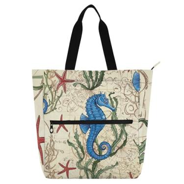 Imagem de Bolsa de trabalho feminina azul cavalo marinho estrela do mar, bolsa escolar de lona com zíper, bolsas para professores, presentes para amantes de livros