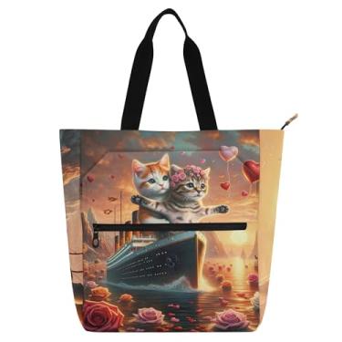 Imagem de Charming Cats Titanic Love Sunset Book Tote Bag para crianças mulheres bolsa de trabalho de lona com zíper bolsa escolar presente
