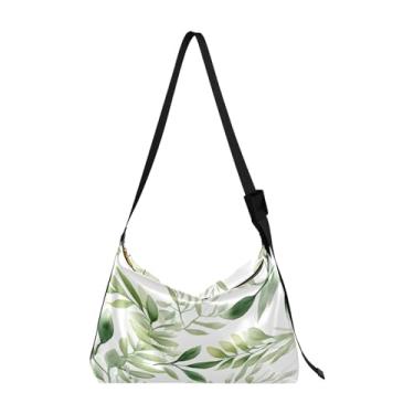 Imagem de Bolsa tiracolo de couro com pintura abstrata dourada e preta branca, bolsas Hobo grandes para mulheres, Aquarela verde folhas e ramos 1, One Size