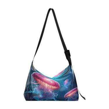 Imagem de GAIGEO Bolsa tiracolo de couro grande para árvores de outono com rio, aquarela, bolsa de ombro feminina, bolsa transversal com alça larga, Água-viva nadando no oceano - 1, One Size