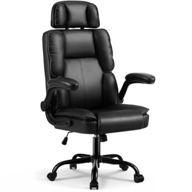 Imagem de Avocahom Cadeira de escritório confortável com encosto de cabeça ajustável, cadeira executiva de couro com suporte lombar, função de balanço, cadeira ergonômica para computador para jogos com braços