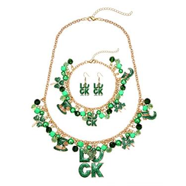 Imagem de MOLOCH Conjunto de joias para o dia de São Patrício para mulheres, colar com pingente de folha verde da sorte com contas e berloques com glitter, trevo de glitter, brincos pendurados, presentes de