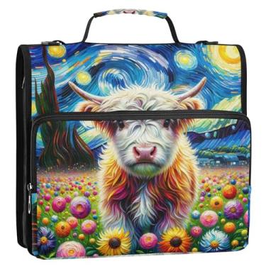 Imagem de Highland Cow Starry Night 3 fichários anel D 1,5 polegada organizador de fichário com zíper bolsa de fichário ensino médio com alça para portfólio comporta 500 folhas