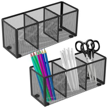 Imagem de 2 porta-canetas de malha, 3/4 compartimentos, organizador de lápis de metal, grande capacidade, organizador de mesa, armazenamento de utensílios para mesa de trabalho, escola, escritório (preto, grade