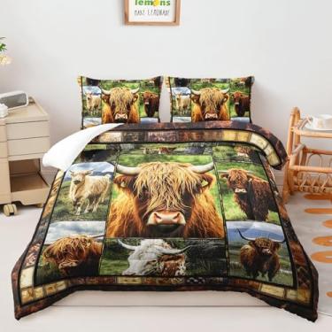 Imagem de AILONEN Jogo de cama solteiro com estampa de vaca Highland, edredom rústico de gado de fazenda com 2 fronhas para crianças e adolescentes, conjunto de colcha xadrez de 3 peças de animais de fazenda