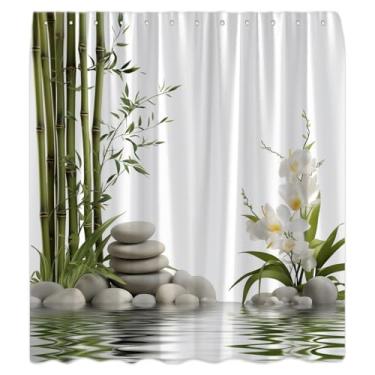 Imagem de Cortina de chuveiro de pedra de spa floral floral verde folhas de bambu relaxar água jardim natureza planta cortina de banho com ganchos, 187 x 178 cm