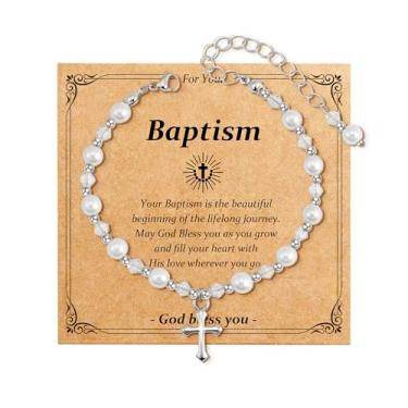 Imagem de Eaciy Presentes de primeira comunhão para meninas - Pulseira de cruz de pérola para meninas, primeira comunhão, batismo, presentes de confirmação para meninas adolescentes, neta, filha, sobrinha, 6+2