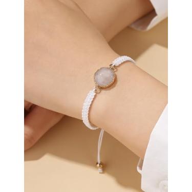 Imagem de Pulseira de corda trançada branca para mulheres – Pulseira de amizade feita à mão com cristal de pedra artificial ajustável, joia boho chique, presente