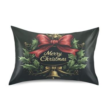 Imagem de SEHANY Fronha de seda verde com sinos de Natal para cabelo e pele, capa de almofada respirável super macia e macia com envelope para casa, quarto, hotel, padrão 50 x 102 cm