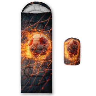 Imagem de AILONEN Saco de dormir de futebol 3D para meninos, clima quente e frio, leve, mochila à prova d'água, saco de dormir esportivo com estampa de chama vermelha para acampamento