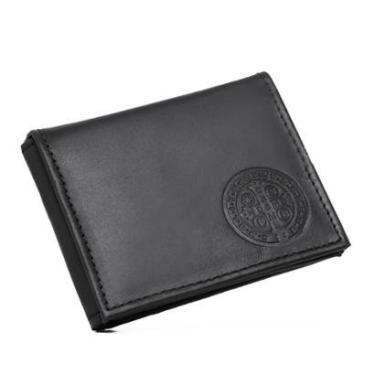 Imagem de Carteira Em L Couro Alta Qualidade Porta Cartao Documentos Cedulas Estampa Medalha São Bento-Masculino