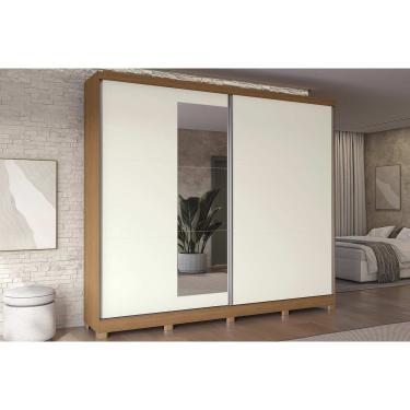 Imagem de Guarda Roupa Casal 2 Portas de Correr (1 c/ Espelho) e 4 Gavetas c/ Pés CB01T583 Canela/Off White - Kappesberg