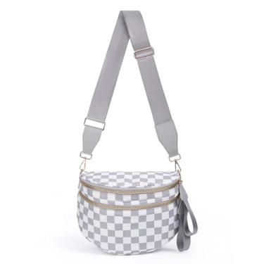 Imagem de TRMFUSA Bolsa tiracolo quadriculada para mulheres, grande, de nylon, pochete com alça de ombro ajustável, Xadrez cinza