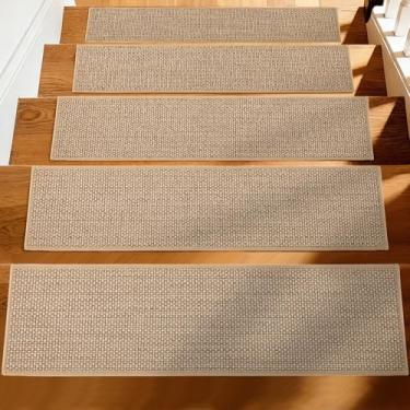 Imagem de Tapetes de escada para degraus de madeira internos, 20 x 76 cm antiderrapante para degraus de madeira com adesivo reutilizável - pacote com 15 (bege), seguro para crianças, idosos, animais de