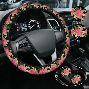Imagem de Capa de volante de flor rosa, capa de volante de neoprene antiderrapante, acessório de carro de flor rosa para mulheres femininas, ajuste universal de 38 cm, SUVS, inclui 2 porta-copos de cerâmica