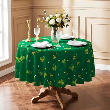 Imagem de LOSIVISHE Toalha de mesa de dia de São Patrício impermeável trevo verde – Toalha de mesa de tecido com padrão de trevo para sala de jantar, festa, cozinha e decoração de férias, redonda 152 cm