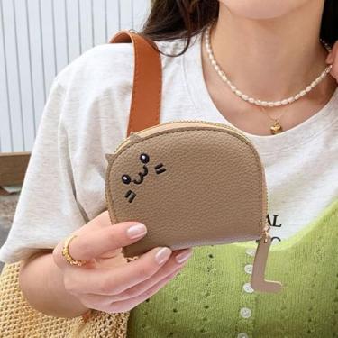 Imagem de Porta-cartões PU estilo coreano bolsa de cartão de couro PU bolsa para troca de cartões com zíper fofo bolsa de cartão de gato ao ar livre, Marrom, uso diário