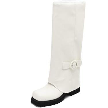 Imagem de TEAIEUI Botas femininas de equitação na altura do joelho, bico quadrado, salto baixo, botas de motociclista dobráveis, despojadas, botas femininas, Cor bege, 37